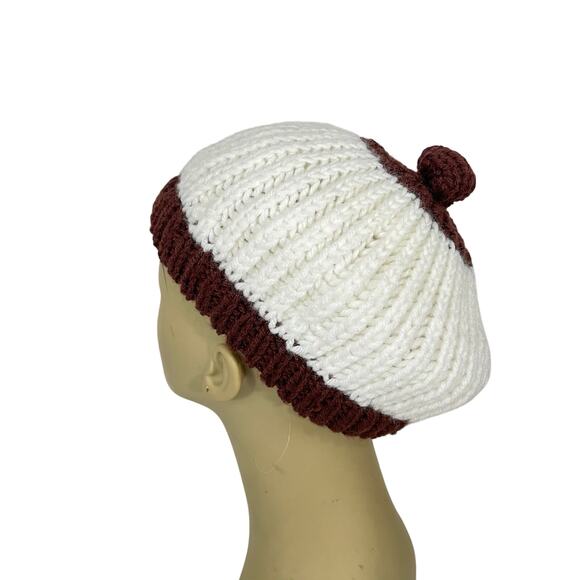 Vintage 70s Crochet Knit Beret w/ Pom Cream Maroon European Handmade Beatnik - Picture 7 of 9